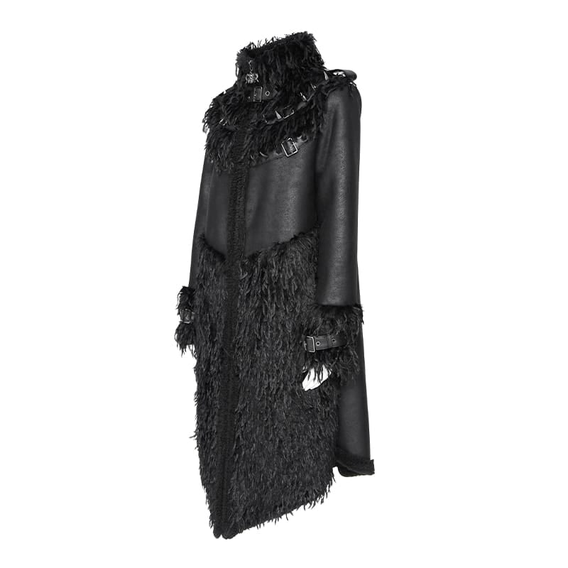 DEVIL FASHION Women's Gothic Spiked Faux Fur Panel Spliced Long Coat