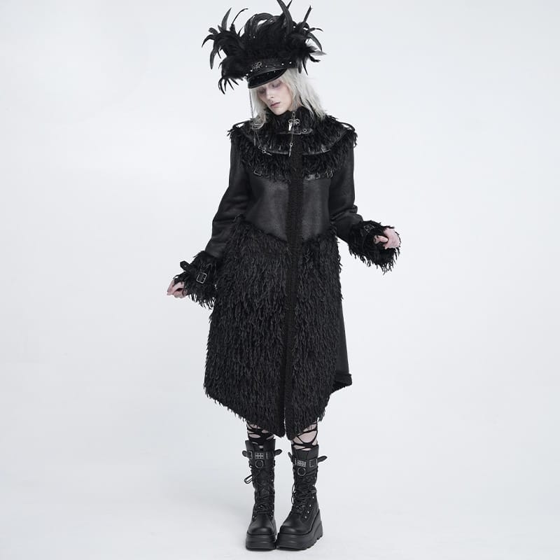 DEVIL FASHION Women's Gothic Spiked Faux Fur Panel Spliced Long Coat