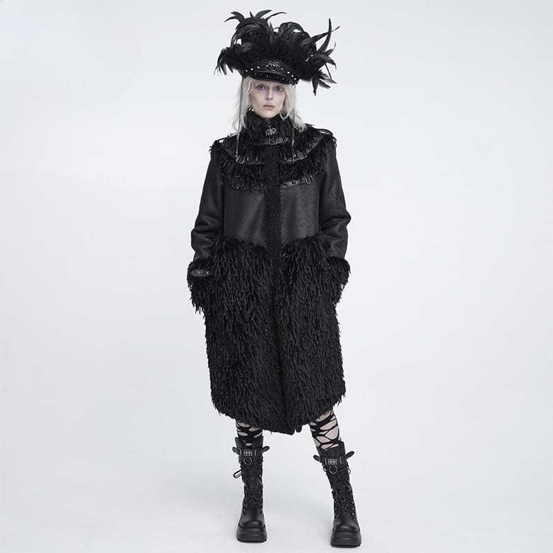 DEVIL FASHION Women's Gothic Spiked Faux Fur Panel Spliced Long Coat
