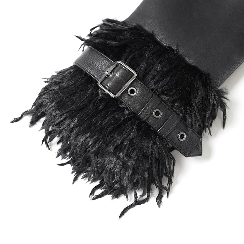 DEVIL FASHION Women's Gothic Spiked Faux Fur Panel Spliced Long Coat