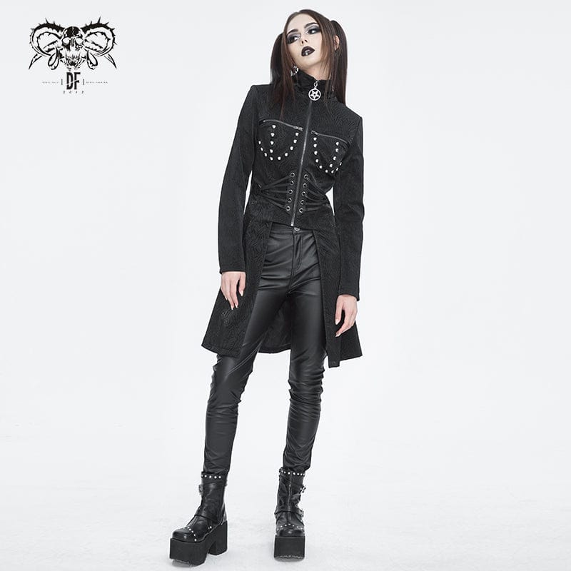 DEVIL FASHION Women's Gothic Stand Collar High/Low Faux Leather Jacket