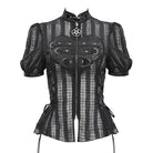 DEVIL FASHION Women's Gothic Stand Collar Puff Sleeved Sheer Shirt