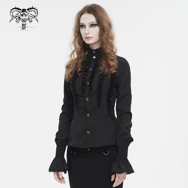 DEVIL FASHION Women's Gothic Stand Collar Ruffled Shirt Black
