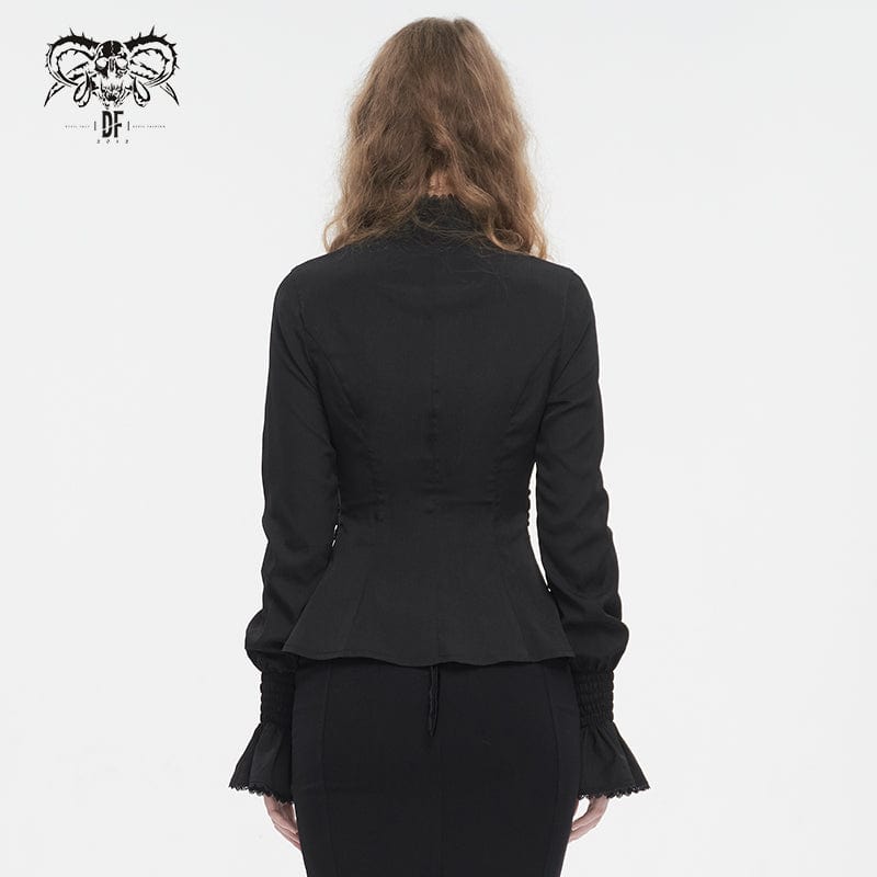 DEVIL FASHION Women's Gothic Stand Collar Ruffled Shirt Black