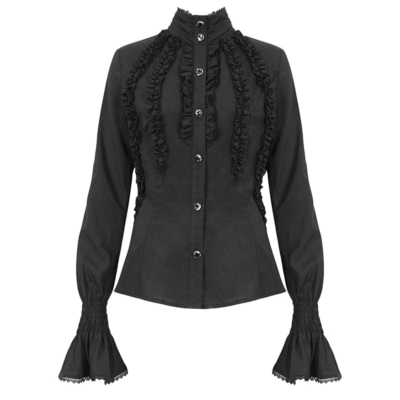 DEVIL FASHION Women's Gothic Stand Collar Ruffled Shirt Black