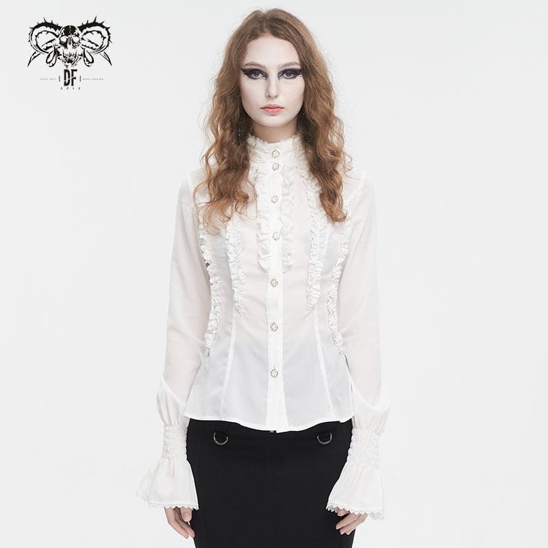 DEVIL FASHION Women's Gothic Stand Collar Ruffled Shirt White