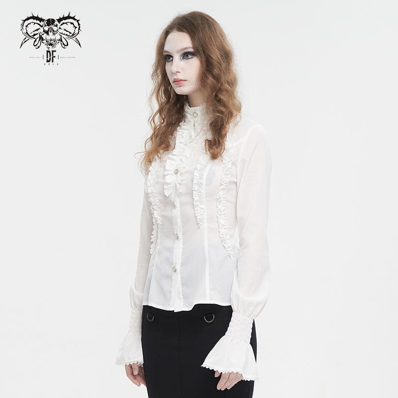 DEVIL FASHION Women's Gothic Stand Collar Ruffled Shirt White