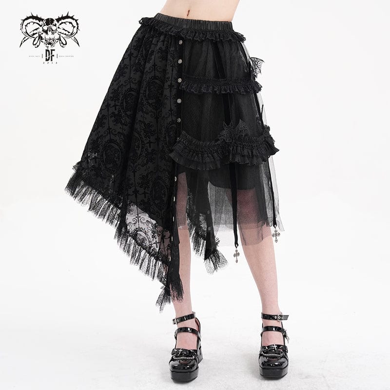 DEVIL FASHION Women's Gothic Strap Cut-out Lace Irregular Hem Skirt