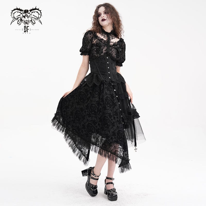 DEVIL FASHION Women's Gothic Strap Cut-out Lace Irregular Hem Skirt