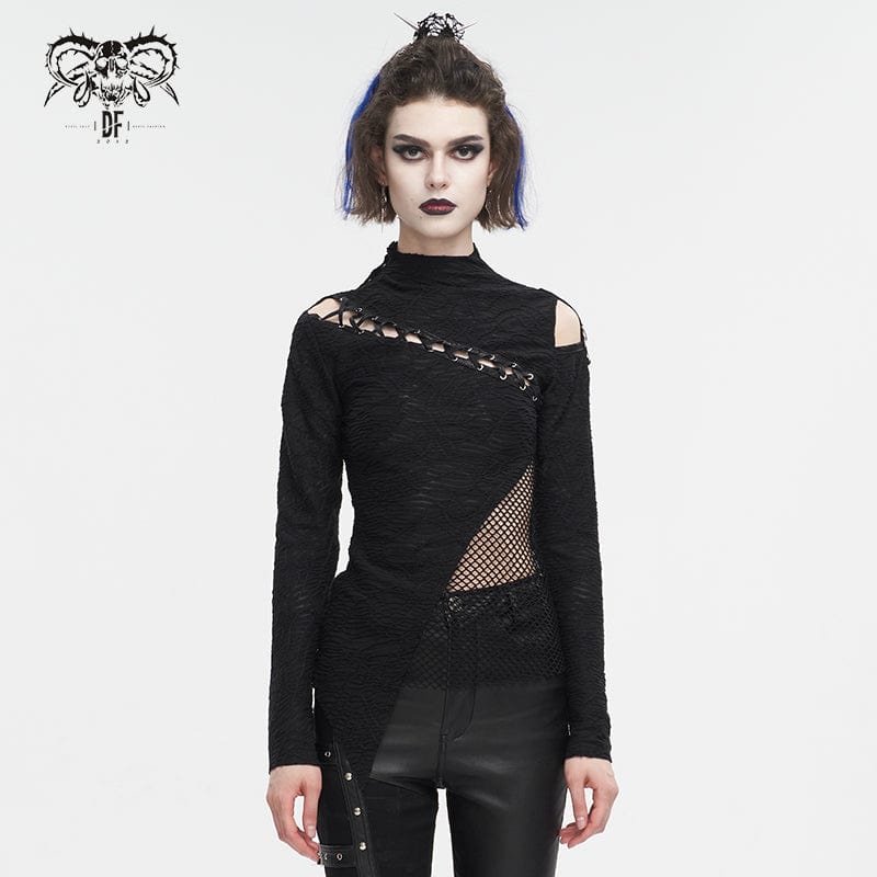 DEVIL FASHION Women's Gothic Strappy Cutout Mesh Splice Shirt