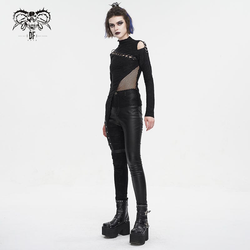 DEVIL FASHION Women's Gothic Strappy Cutout Mesh Splice Shirt