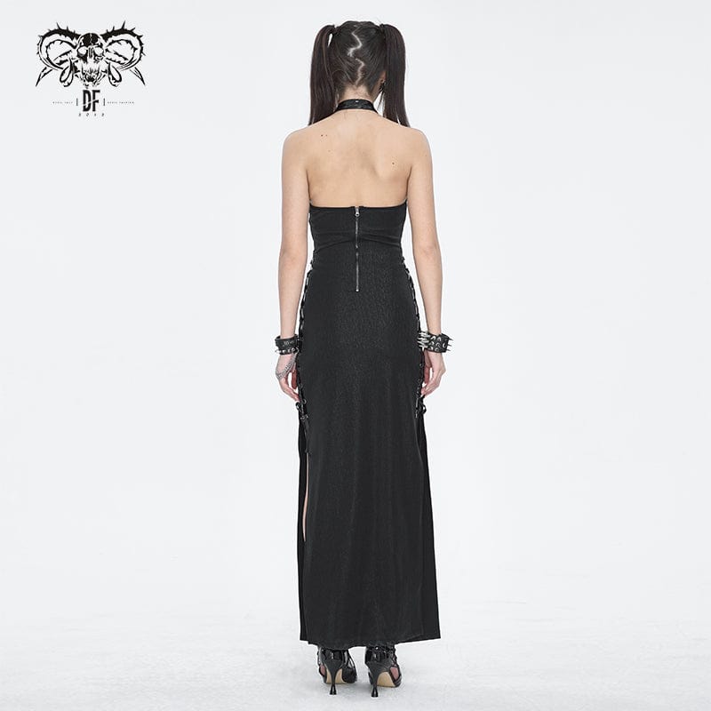 DEVIL FASHION Women's Gothic Strappy Side Slit Fitted Halterneck Dress