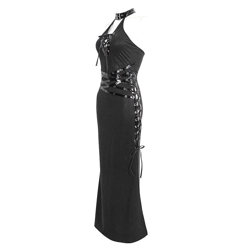 DEVIL FASHION Women's Gothic Strappy Side Slit Fitted Halterneck Dress