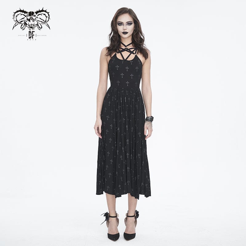 DEVIL FASHION Women's Gothic Strappy Split Maxi Dress with Shorts