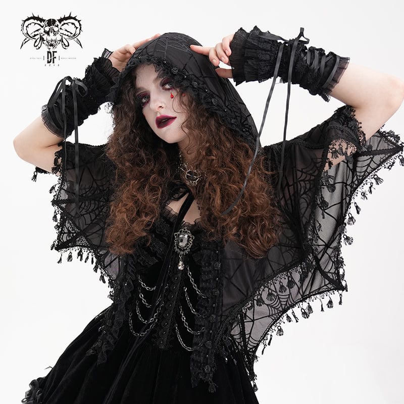 DEVIL FASHION Women's Gothic Tassels Strap Mesh Cape with Hood