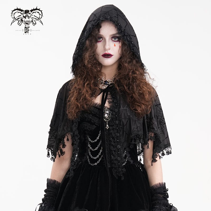 DEVIL FASHION Women's Gothic Tassels Strap Mesh Cape with Hood