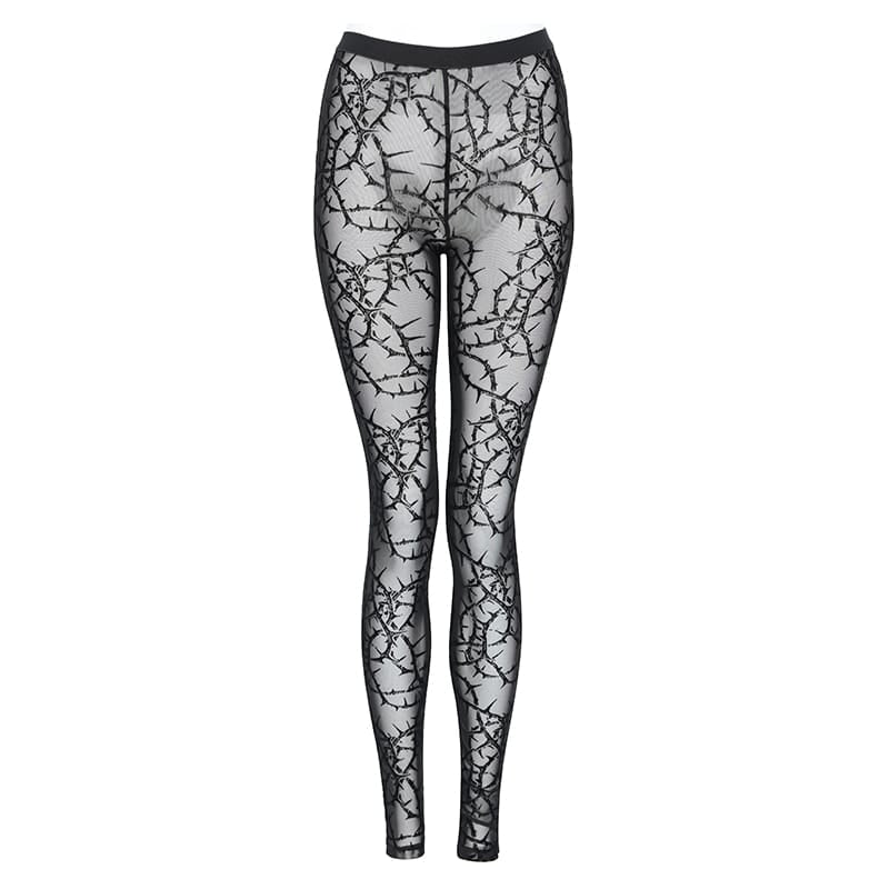 DEVIL FASHION Women's Gothic Thorny Vine Flocked Sheer Mesh Leggings