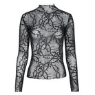 DEVIL FASHION Women's Gothic Thorny Vine Flocked Sheer Mesh Long Sleeve Top