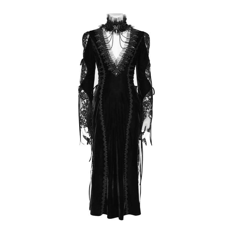 DEVIL FASHION Women's Gothic Velvet Plunging V-Neck Lace Mesh Long Sleeve Dress Black