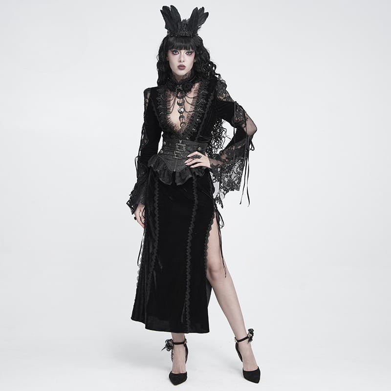 DEVIL FASHION Women's Gothic Velvet Plunging V-Neck Lace Mesh Long Sleeve Dress Black
