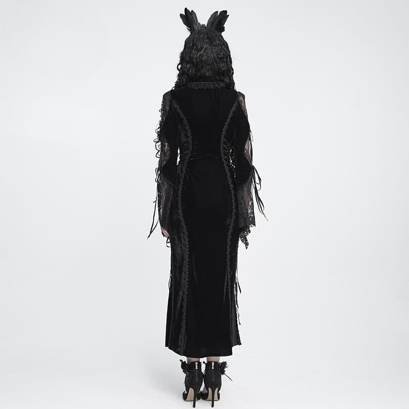 DEVIL FASHION Women's Gothic Velvet Plunging V-Neck Lace Mesh Long Sleeve Dress Black