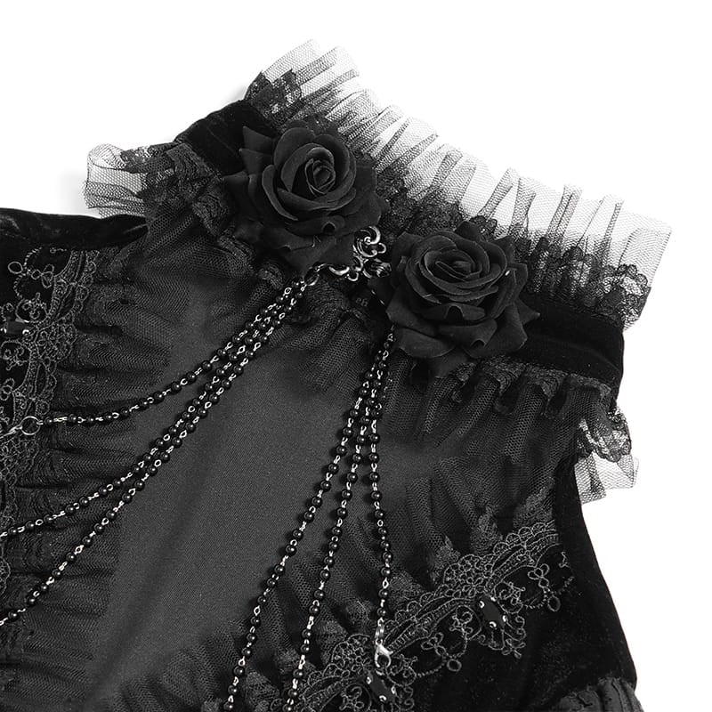 DEVIL FASHION Women's Gothic Velvet Plunging V-Neck Lace Mesh Long Sleeve Dress Black