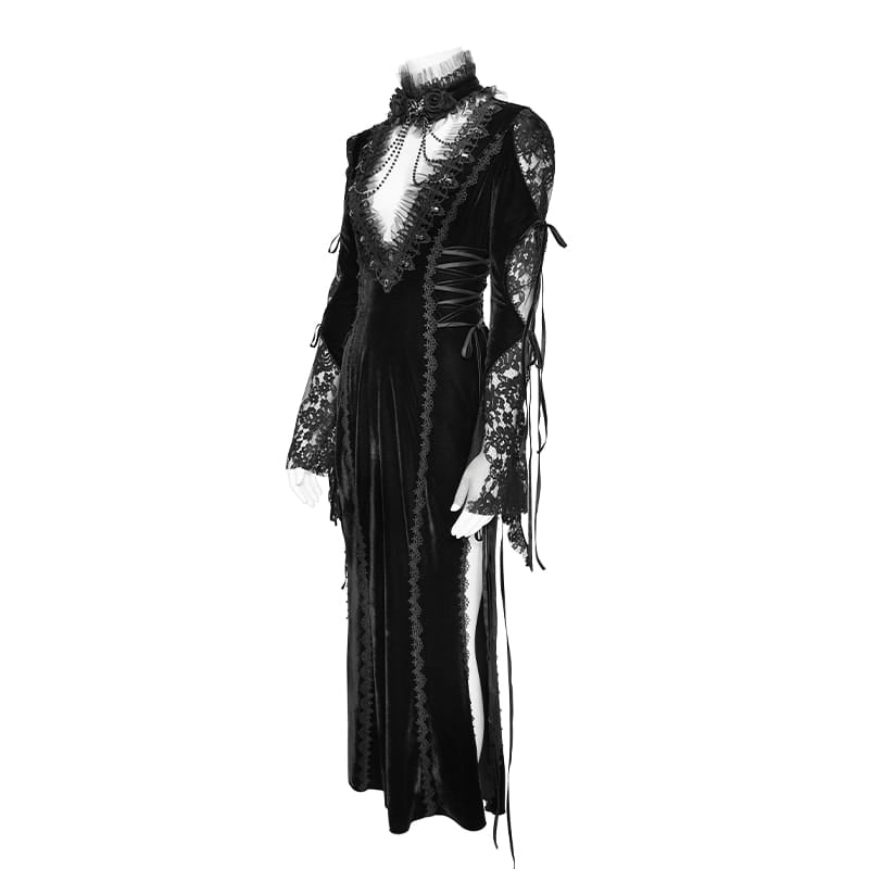 DEVIL FASHION Women's Gothic Velvet Plunging V-Neck Lace Mesh Long Sleeve Dress Black