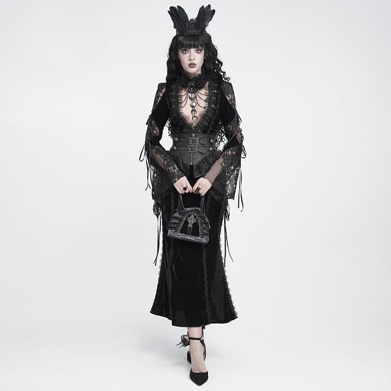 DEVIL FASHION Women's Gothic Velvet Plunging V-Neck Lace Mesh Long Sleeve Dress Black