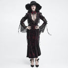 DEVIL FASHION Women's Gothic Velvet Plunging V-Neck Lace Mesh Long Sleeve Dress Black-Red