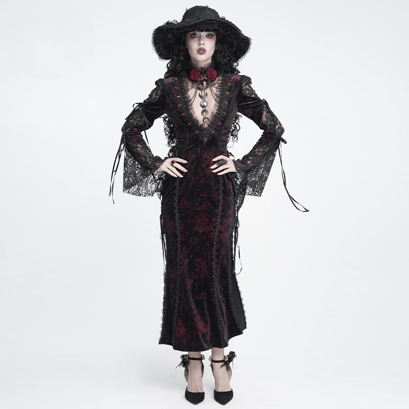 DEVIL FASHION Women's Gothic Velvet Plunging V-Neck Lace Mesh Long Sleeve Dress Black-Red