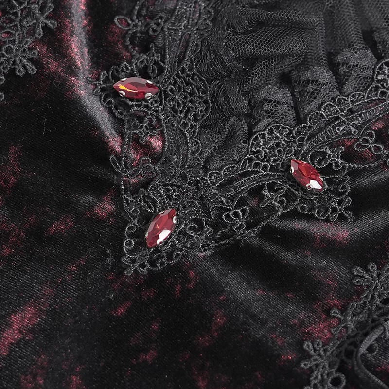 DEVIL FASHION Women's Gothic Velvet Plunging V-Neck Lace Mesh Long Sleeve Dress Black-Red