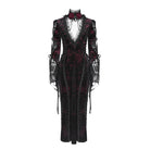 DEVIL FASHION Women's Gothic Velvet Plunging V-Neck Lace Mesh Long Sleeve Dress Black-Red