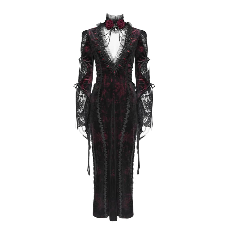 DEVIL FASHION Women's Gothic Velvet Plunging V-Neck Lace Mesh Long Sleeve Dress Black-Red