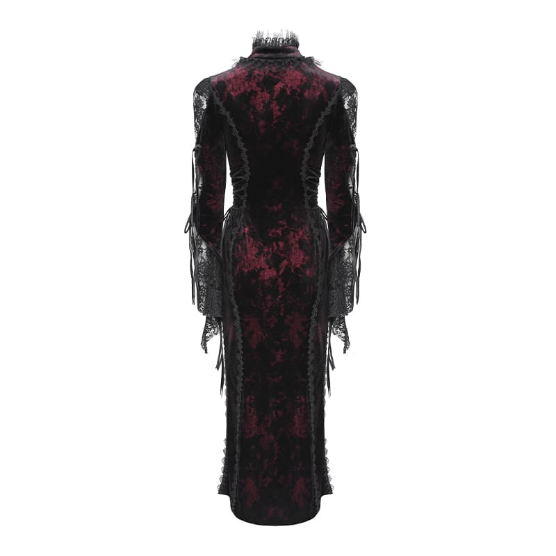 DEVIL FASHION Women's Gothic Velvet Plunging V-Neck Lace Mesh Long Sleeve Dress Black-Red
