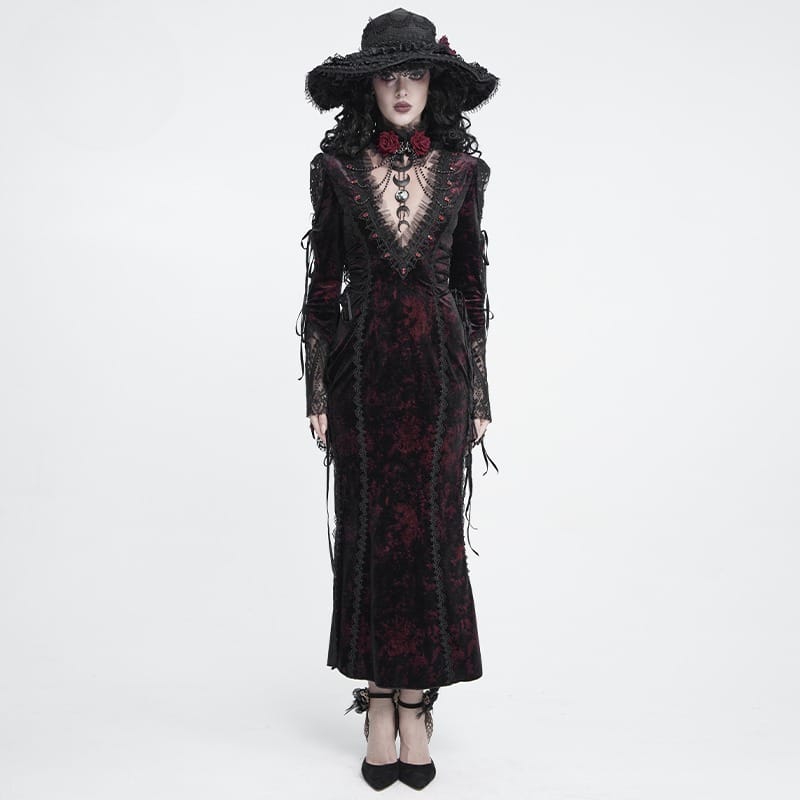 DEVIL FASHION Women's Gothic Velvet Plunging V-Neck Lace Mesh Long Sleeve Dress Black-Red