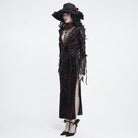 DEVIL FASHION Women's Gothic Velvet Plunging V-Neck Lace Mesh Long Sleeve Dress Black-Red