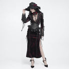 DEVIL FASHION Women's Gothic Velvet Plunging V-Neck Lace Mesh Long Sleeve Dress Black-Red