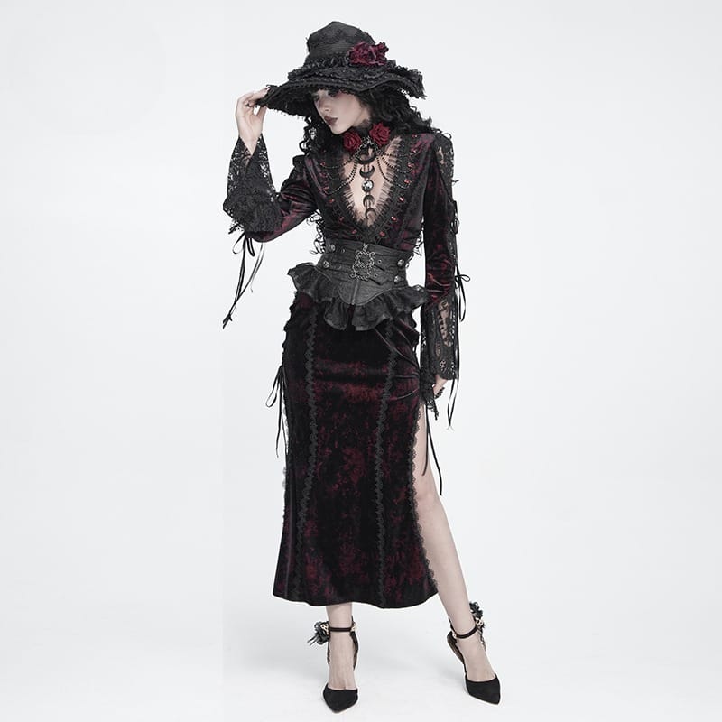 DEVIL FASHION Women's Gothic Velvet Plunging V-Neck Lace Mesh Long Sleeve Dress Black-Red