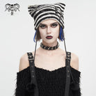 DEVIL FASHION Women's Grunge Striped Pin Car Ears Beanie Black