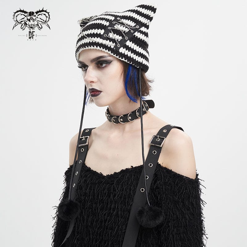 DEVIL FASHION Women's Grunge Striped Pin Car Ears Beanie Black