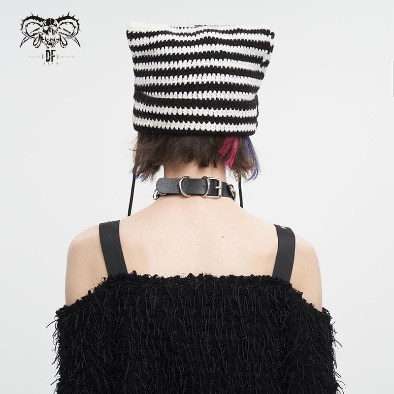DEVIL FASHION Women's Grunge Striped Pin Car Ears Beanie Black