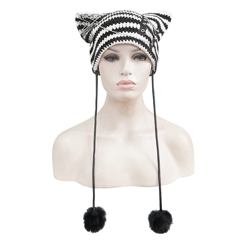 DEVIL FASHION Women's Grunge Striped Pin Car Ears Beanie Black