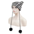 DEVIL FASHION Women's Grunge Striped Pin Car Ears Beanie Black