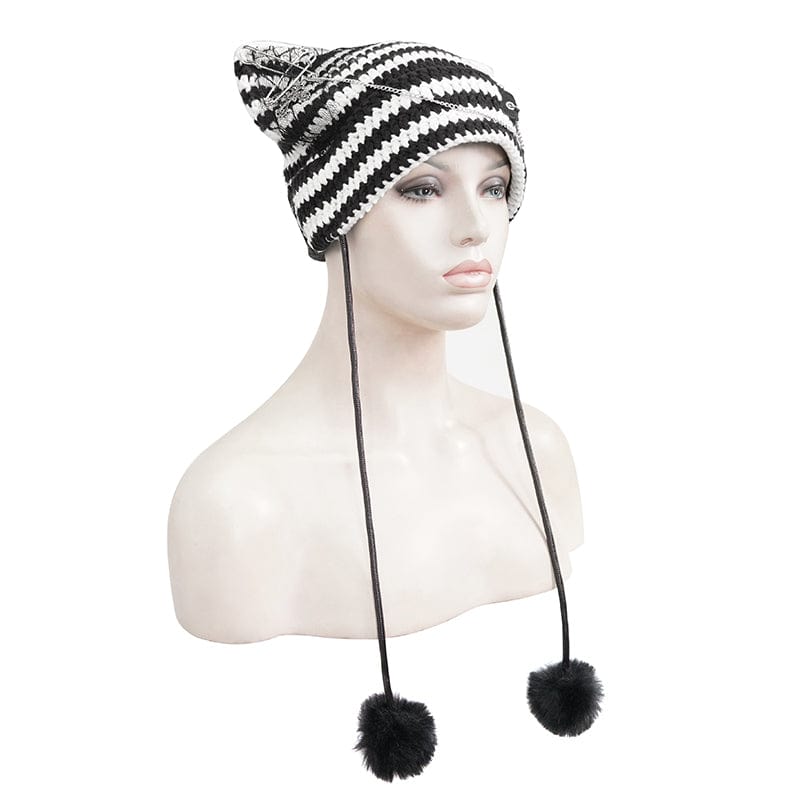 DEVIL FASHION Women's Grunge Striped Pin Car Ears Beanie Black