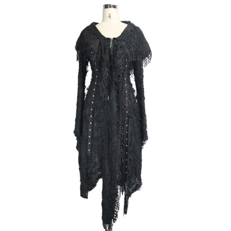 DEVIL FASHION Women's Lace and Trimming Goth Style Mid Length Hooded Dress