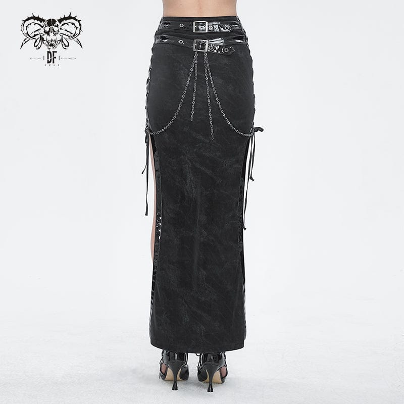 DEVIL FASHION Women's Punk Buckle Side Slit Wrapped Long Skirt