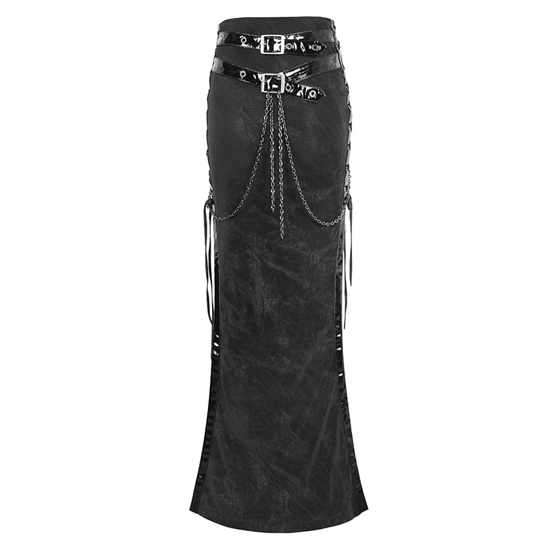 DEVIL FASHION Women's Punk Buckle Side Slit Wrapped Long Skirt