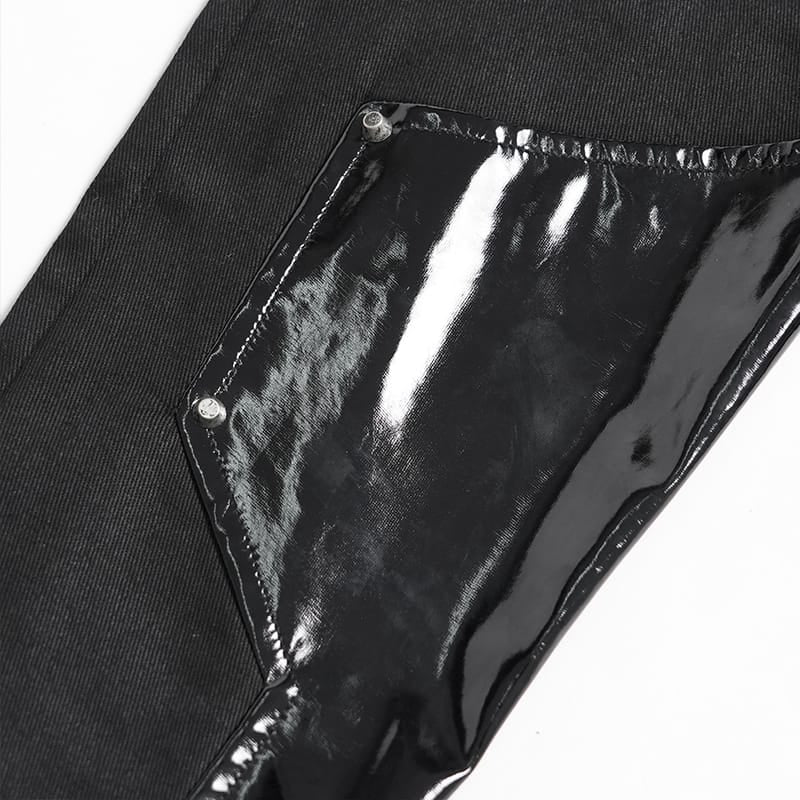DEVIL FASHION Women's Punk Buckle Strap Patent Faux Leather Spliced Skinny Pants