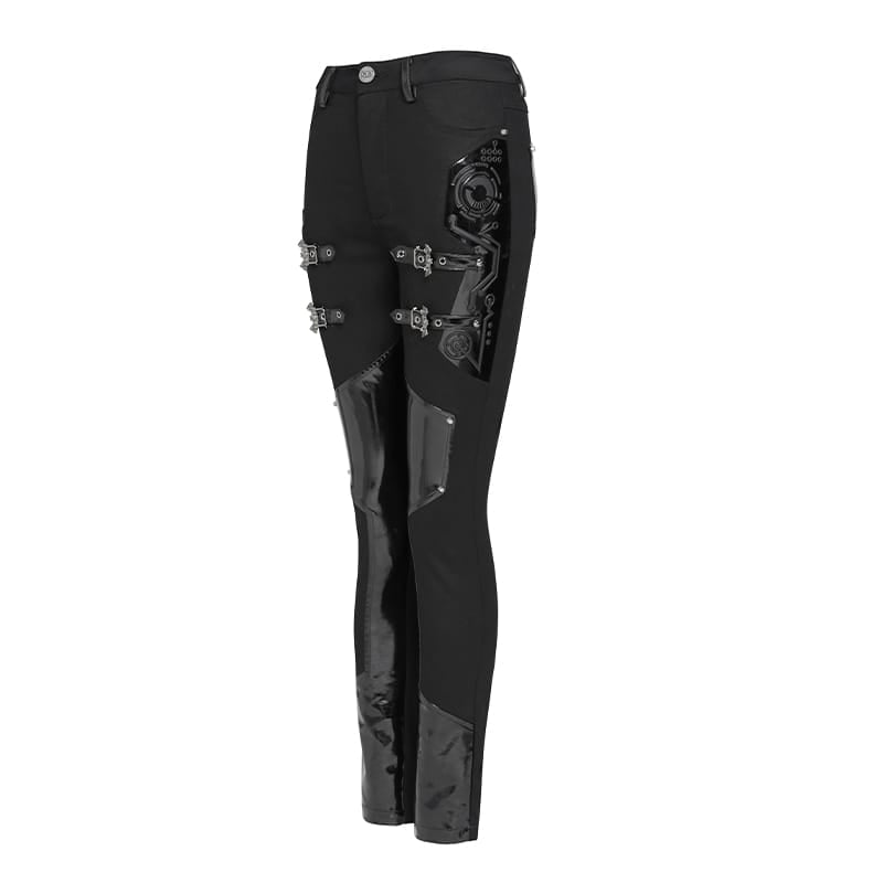 DEVIL FASHION Women's Punk Buckle Strap Patent Faux Leather Spliced Skinny Pants