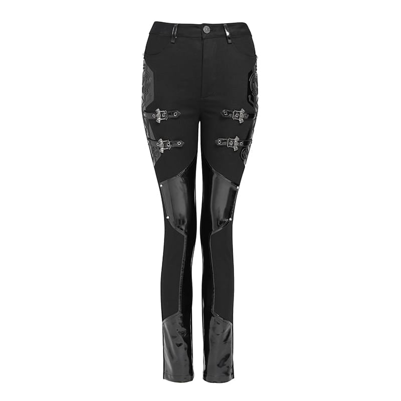 DEVIL FASHION Women's Punk Buckle Strap Patent Faux Leather Spliced Skinny Pants